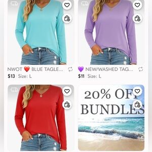 NEW! 🥶 BUNDLE OF 3 RED BLUE PURPLE TAGLESS V-NECK LONG SLEEVE TSHIRTS Women’s L